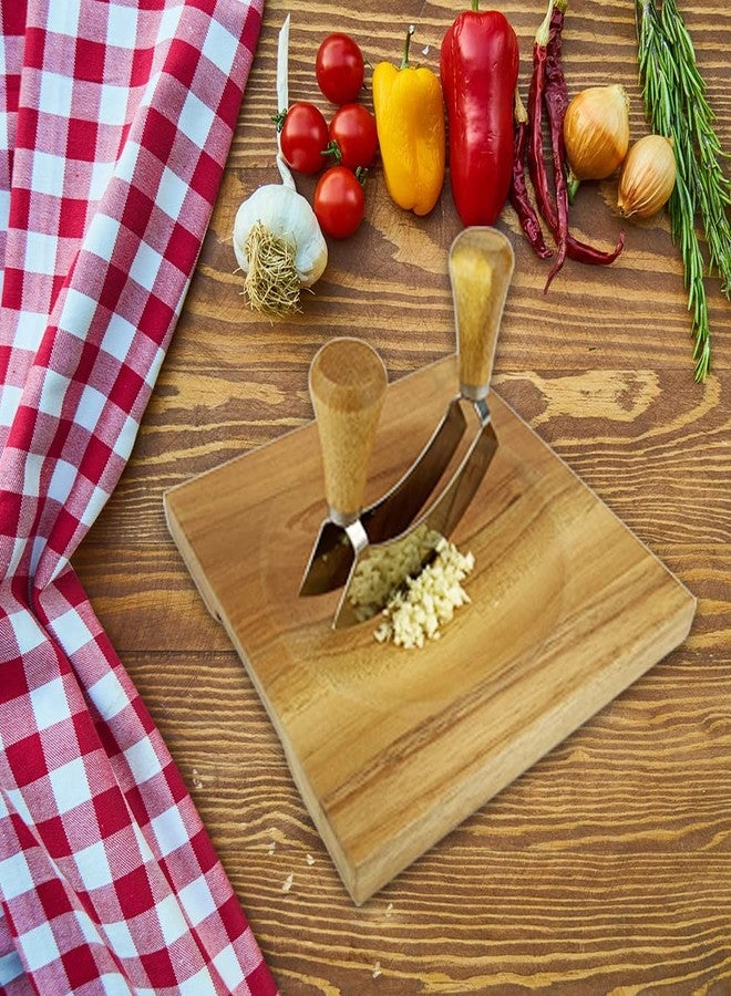 FTONENI Mezzaluna Cutting Board Bowl, Ulu Chopping Bowl, Concave Cutting Board, Wooden Bowl for Mincing Vegetables, Acacia Wood Cutting Block with Hollow Center 8" x 8" (Without Knives) - CXD00 - Image 4